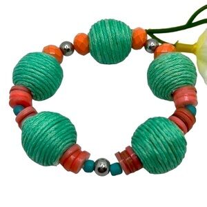 Handmade 7” Mint Green Corded Balls/Coral Beaded Stretchy Bracelet